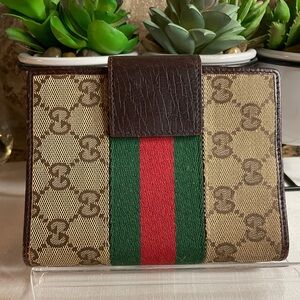 Gucci GG canvas and leather agenda cover in brown card holder 5.5”x4”.